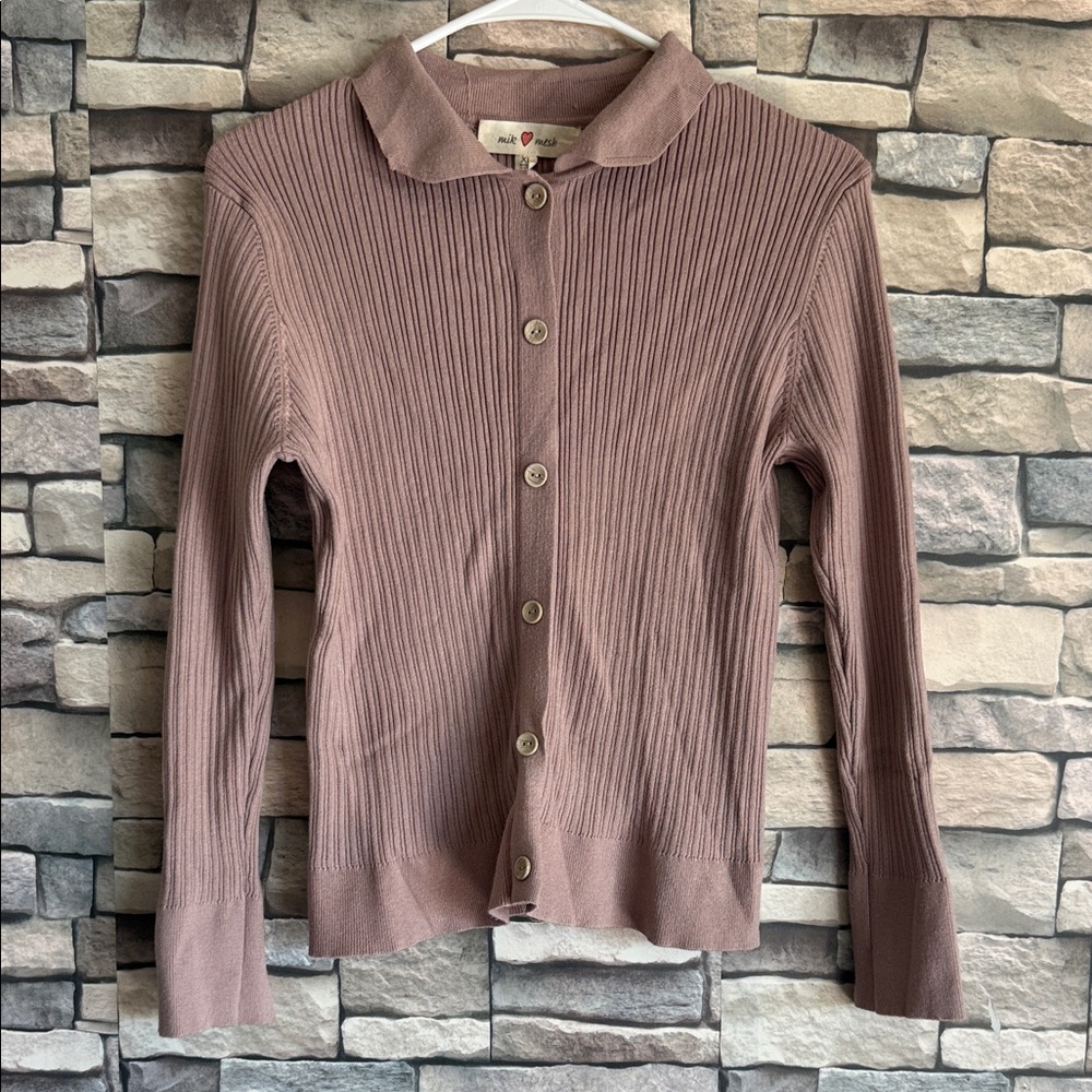 Mauve Ribbed Button-Up Sweater